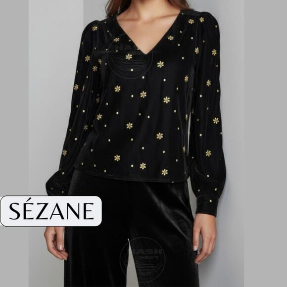 Sézane 36 Galeo Velvet Blouse | Black Gold Embroidered Flowers, US 4 S, NWT - Picture 5 of 15